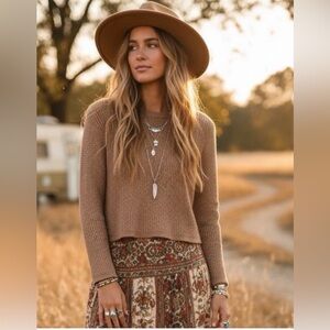 Boho Waffle Poof Apparel Knit Cropped Sweater Brown Cozy Chic Minimalist Size M